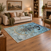 vintage blue nautical anchor ship wheel map area rug, angled room view