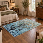 vintage blue nautical anchor ship wheel map area rug, full pattern view