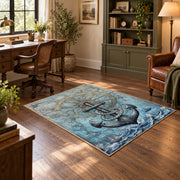 vintage blue nautical anchor ship wheel map area rug, soft surface detail