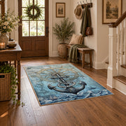 vintage blue nautical anchor ship wheel map area rug, wood floor styling