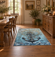vintage blue nautical anchor ship wheel map area rug, close decorative detail