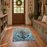vintage blue nautical anchor ship wheel map area rug, front room mockup