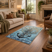 vintage blue nautical anchor ship wheel map area rug, design detail view
