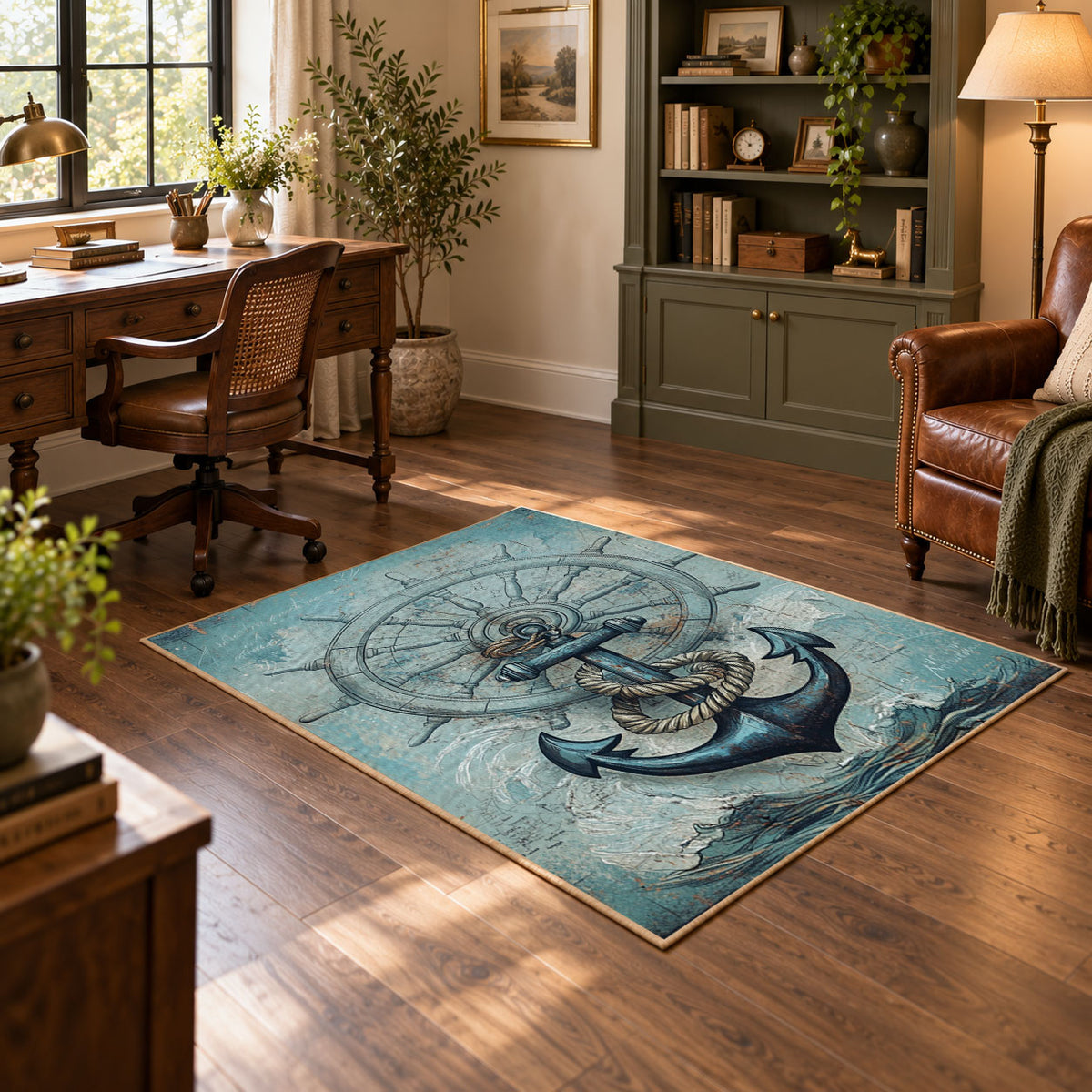 turquoise coastal anchor ship wheel nautical area rug, featured room view