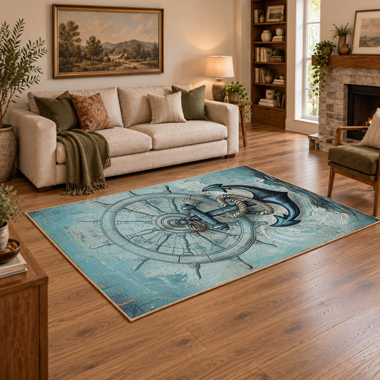 turquoise coastal anchor ship wheel nautical area rug, angled room view