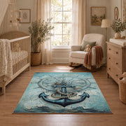 turquoise coastal anchor ship wheel nautical area rug, full pattern view