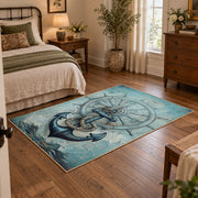 turquoise coastal anchor ship wheel nautical area rug, soft surface detail