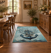 turquoise coastal anchor ship wheel nautical area rug, close decorative detail