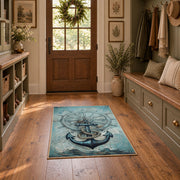 turquoise coastal anchor ship wheel nautical area rug, front room mockup