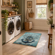 turquoise coastal anchor ship wheel nautical area rug, wide interior view