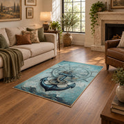 turquoise coastal anchor ship wheel nautical area rug, design detail view