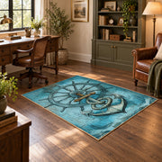 turquoise vintage anchor compass ship wheel nautical area rug, featured room view