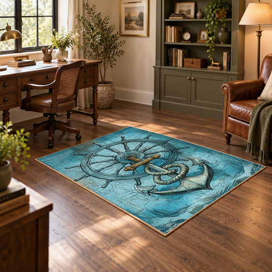 turquoise vintage anchor compass ship wheel nautical area rug, featured room view