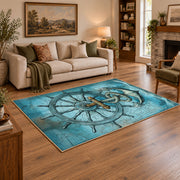 turquoise vintage anchor compass ship wheel nautical area rug, angled room view