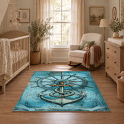 turquoise vintage anchor compass ship wheel nautical area rug, full pattern view