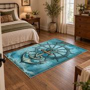 turquoise vintage anchor compass ship wheel nautical area rug, soft surface detail