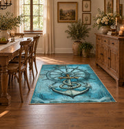 turquoise vintage anchor compass ship wheel nautical area rug, close decorative detail