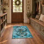 turquoise vintage anchor compass ship wheel nautical area rug, front room mockup