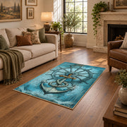 turquoise vintage anchor compass ship wheel nautical area rug, design detail view