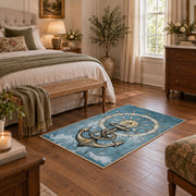 blue coastal ship wheel anchor nautical area rug, cozy home setting