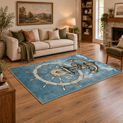 blue coastal ship wheel anchor nautical area rug, angled room view