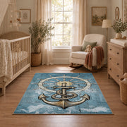 blue coastal ship wheel anchor nautical area rug, full pattern view