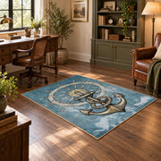 blue coastal ship wheel anchor nautical area rug, soft surface detail
