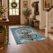 blue coastal ship wheel anchor nautical area rug, wood floor styling