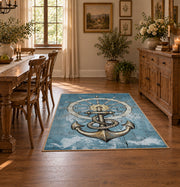 blue coastal ship wheel anchor nautical area rug, close decorative detail