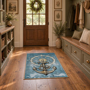 blue coastal ship wheel anchor nautical area rug, front room mockup