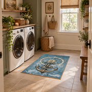 blue coastal ship wheel anchor nautical area rug, wide interior view