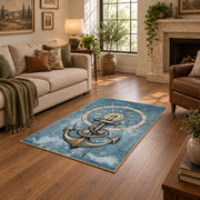 blue coastal ship wheel anchor nautical area rug, design detail view
