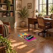 brown traditional border retro motorcycle pop art area rug, complete product view