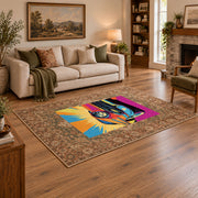 brown traditional border retro motorcycle pop art area rug, angled room view