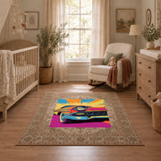 brown traditional border retro motorcycle pop art area rug, full pattern view