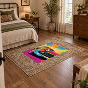 brown traditional border retro motorcycle pop art area rug, soft surface detail
