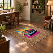 brown traditional border retro motorcycle pop art area rug, wood floor styling