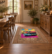brown traditional border retro motorcycle pop art area rug, close decorative detail