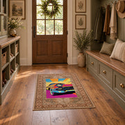 brown traditional border retro motorcycle pop art area rug, front room mockup