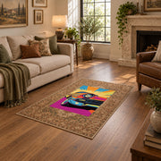 brown traditional border retro motorcycle pop art area rug, design detail view