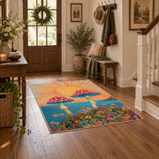 orange teal mushroom sunrise psychedelic area rug, featured room view