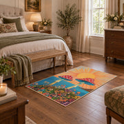 orange teal mushroom sunrise psychedelic area rug, cozy home setting