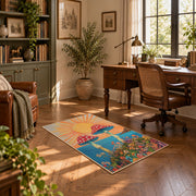 orange teal mushroom sunrise psychedelic area rug, complete product view