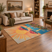 orange teal mushroom sunrise psychedelic area rug, angled room view