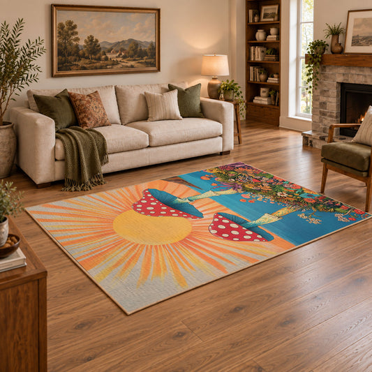 orange teal mushroom sunrise psychedelic area rug, angled room view