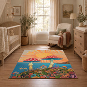 orange teal mushroom sunrise psychedelic area rug, full pattern view