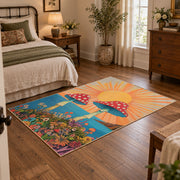 orange teal mushroom sunrise psychedelic area rug, soft surface detail