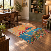 orange teal mushroom sunrise psychedelic area rug, wood floor styling