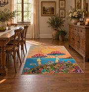 orange teal mushroom sunrise psychedelic area rug, close decorative detail