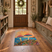 orange teal mushroom sunrise psychedelic area rug, front room mockup